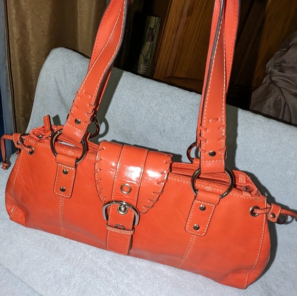Wilson Leather orange leather triple section handbag . - Picture 4 of 11